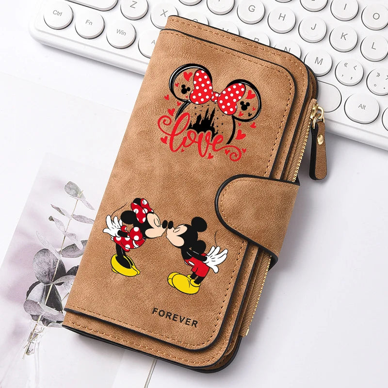 Mickey Minnie Lady Long Zip Wallet Buckle Tote Bag Coin Purse Soft PU Leather Multi-functional Card Holder Casual Daily