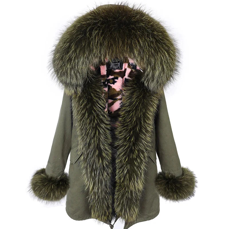 MAOMAOKONG 2024 Winter Women Coat Natural Fox Fur Collar Cuff Black Jackets Outwear Thick Luxury Real Fur Parka Women's Fur Coat