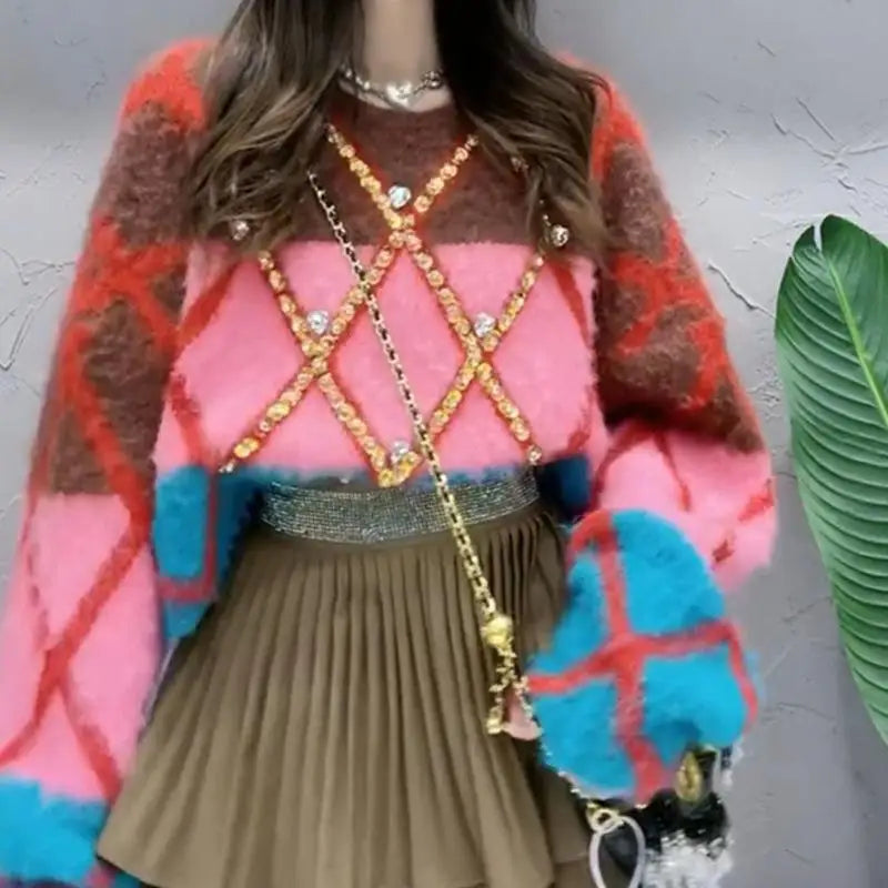 High Quality Color Contrast Diamond Beads Short Pullover Korean Loose Weight Sweater Traf Mohair Winter Women Tops