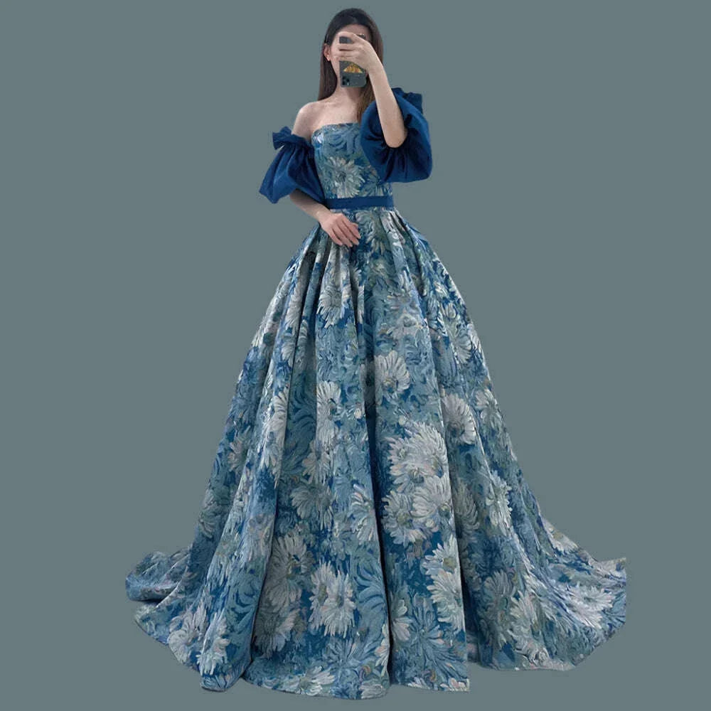 Luxury Flora Print Blue Korean Prom Dresses Removable Puff Sleeves Strapless A Line Evening Gowns Formal Occasion Floor Length