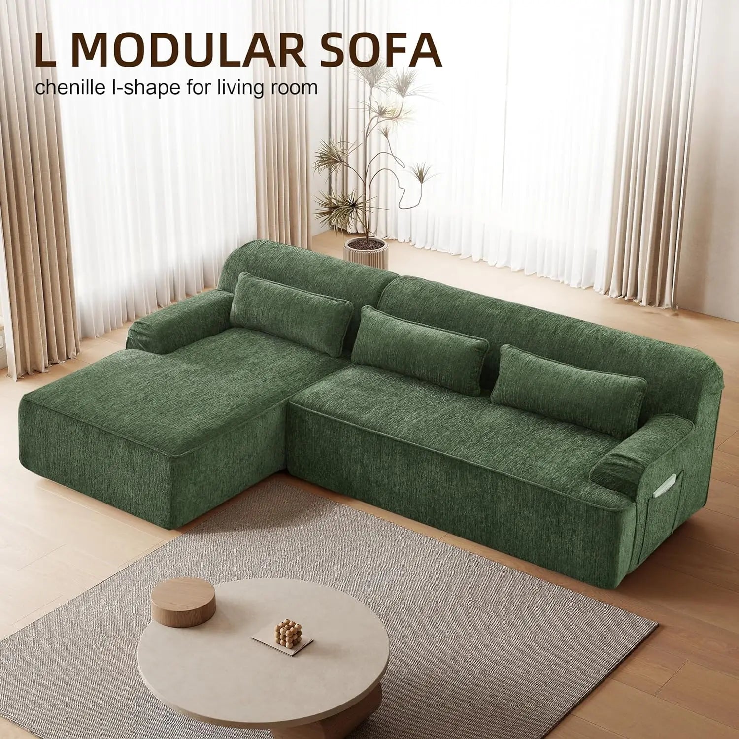 L-Shaped Modular Sectional Chenille Sofa 3 Pockets Scratch Pet Friendly Living Room 102in Left Facing Green, Customized...