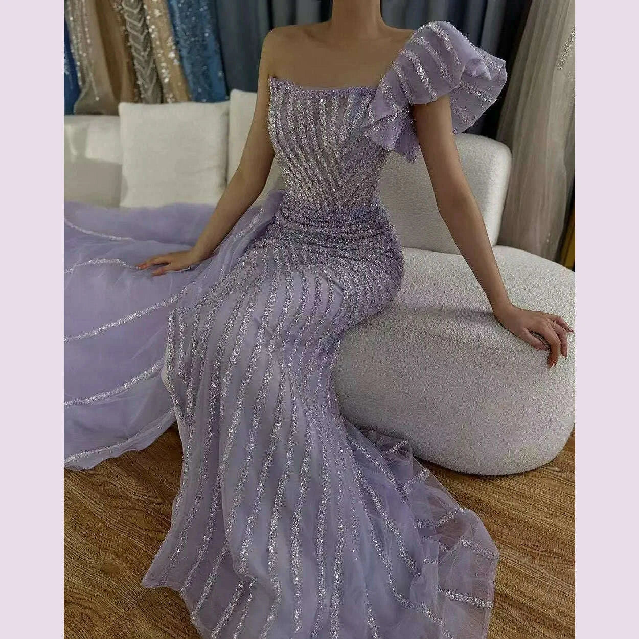 SERENE HILL Customized Lilac Luxury Beaded Mermaid Evening Dress 2025 Arabic Sexy Slit Women Occasion Party Gown CLA72277