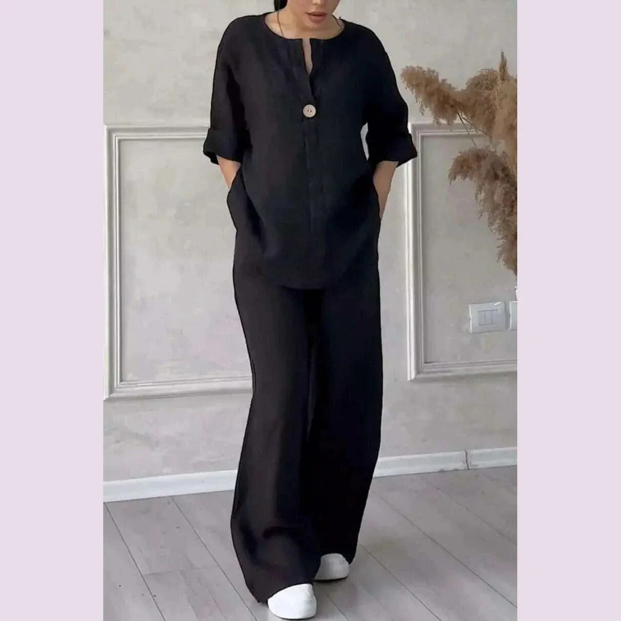 Women's Cotton and Linen Pants Suit Casual Solid Pullover Pants 2-piece Set White Pink Simple Wide Leg Pants Two Piece Set Suits