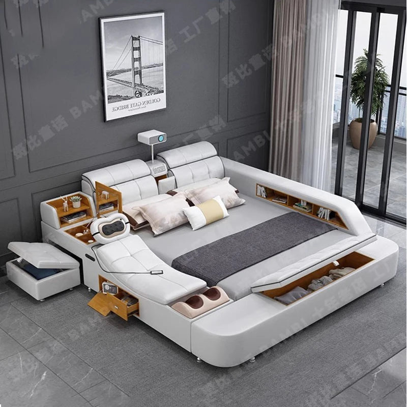 Beauty European Bed Simple Tatami Portable Multifunctional Children Mobile Bed Leather Double Wood Muebles Modern Furniture