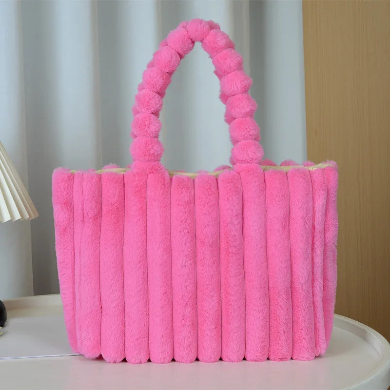 Autumn Winter Soft Plush Totes Bags, Stylish College Student Women Handbag Shoulder Bag with Leather Material Polyester Lining