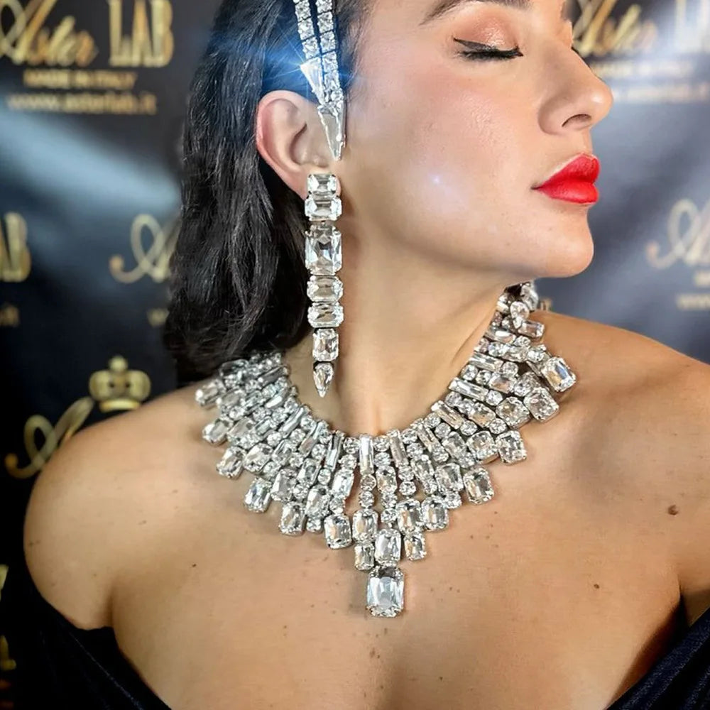 Stonefans Large Geometric Necklace Chain Adjustable Drag Queen Jewelry Bling Inlaid Statement Rhinestone Collar Choker Athestic