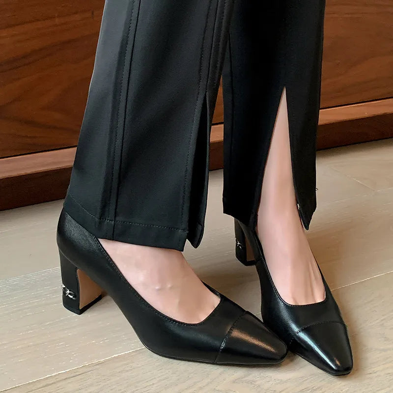 MKKHOU Fashion Shoes New High Quality Genuine Leather Shoes Color blocked Round Head Shallow Mouth High Heels Women's Shoes - Kimlud