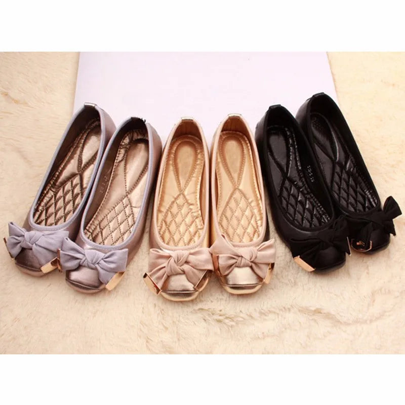 2024 Spring Summer Shoes Women Ballet Flats Sweet Flat Bowknot Laides Brand Shoes Plus Size 41 Black Gold D069