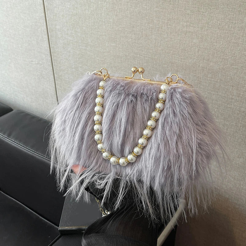 French Square Evening Banquet Bag Handle Pearls Plush Handbag Large Capacity Lock Buckle Shoulder Crossbody Bag Wedding