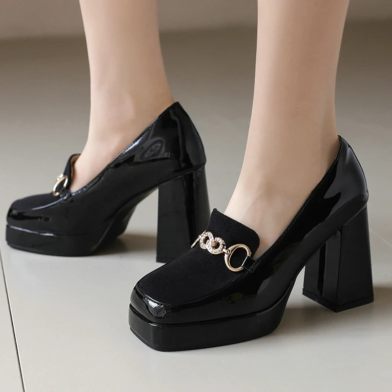 Extra Big Size 49 50 Bright Yellow Metal Crystal Chain Woman's Pumps Spring Fall Shoes Slip-on Loafers Platform Block High Heels