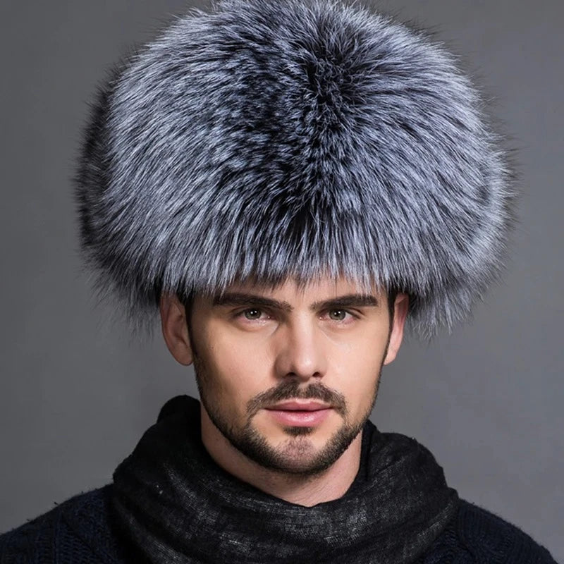 New Winter Men's 100% Real Silver Fox Fur Bomber Hat Raccoon Fur Ushanka Cap Trapper Russian Man Ski Hats Caps Real Leather Top