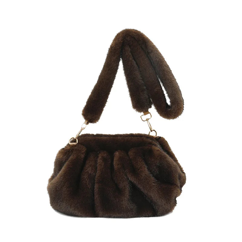 Fashionable Wrinkled Cloud Bag Soft Faux Fur Small Shoulder Bags for Women 2025 Winter Trend Korean Plush Handbags Crossbody Bag
