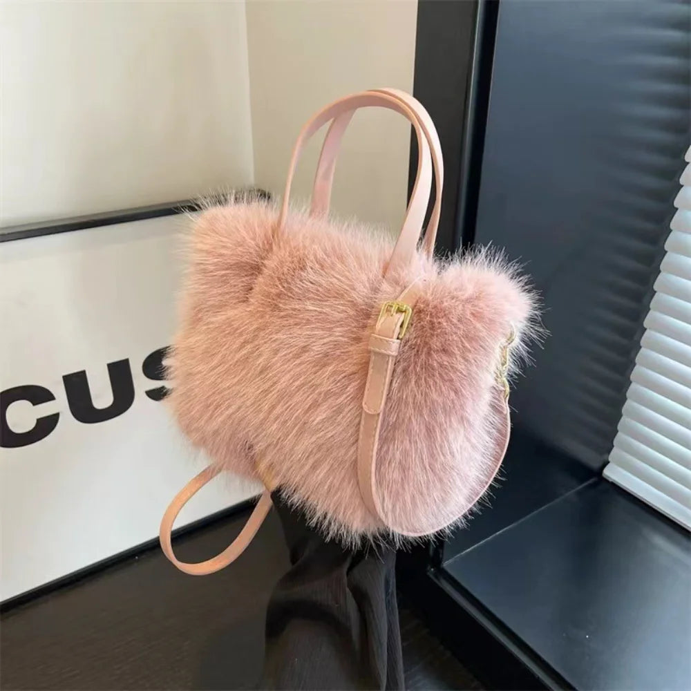 Fairy Handbag Pearl Chain Plush Small Square Bag For Women Fashion Elegant Shoulder Crossbody Bag Autumn Winter Versatile Totes