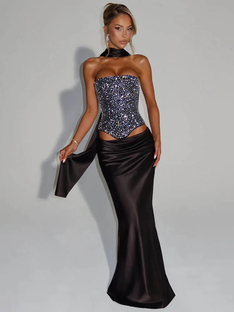Mozision Sequins Sexy Dress Set Women Sparkle Scarf Collar Crop Tops And Maxi Skirt Elegant Club Party Satin Skirt Matching Set