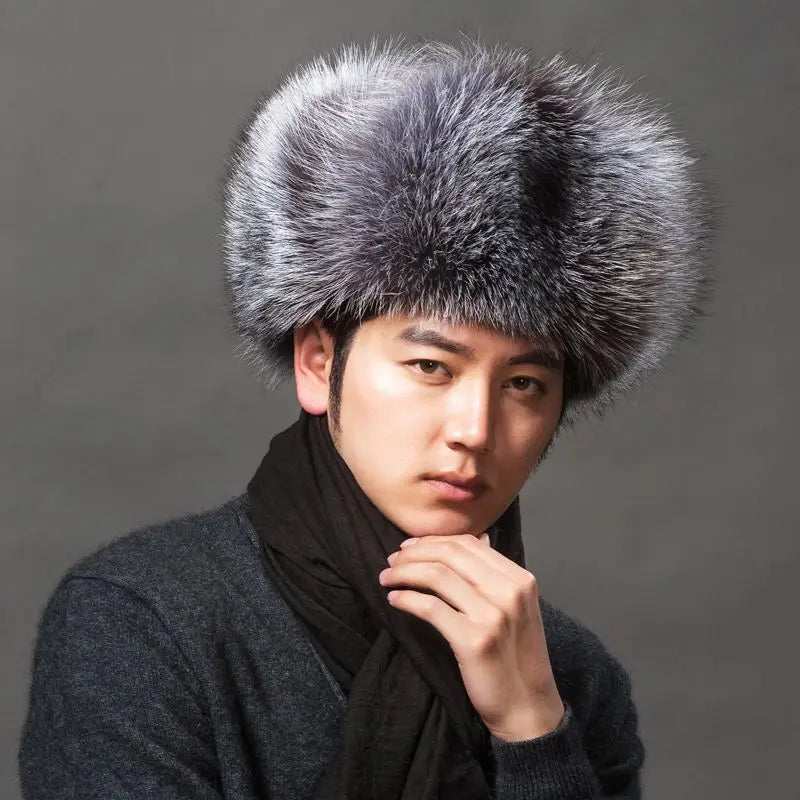 Winter Men Hats Fox Fur Elegant Warm Fine Texture Soft Not Wool Outdoor Working Caps Windproof Thick Europe Earflap Hat Black