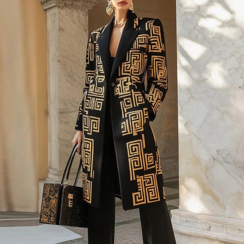 Modigirl 2026 New Spring Women's Vintage Midi Length Coat Urban Trendy Golden Meander Print Long Jackets Pockets female