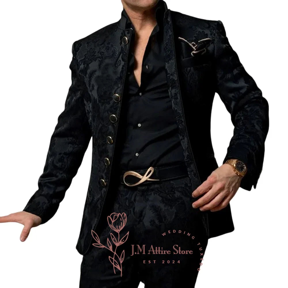 Formal Men's Suits 2 Pieces Blazer Pants Black Jacquard Set for Wedding Dinner Dating Ceremony Banquet Luxury Custom Tuxedo 
