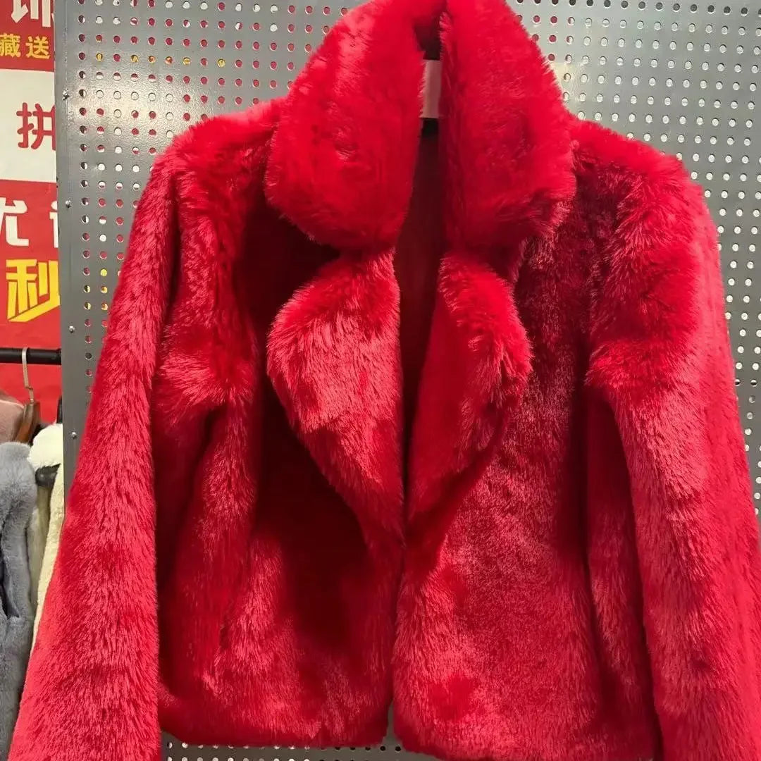 Women Faux Fur Turn Down Collar Short Red Coat Autumn/Winter Imitation Rex Rabbit Fur Jacket INS Furry Parka Flocking Cardigan