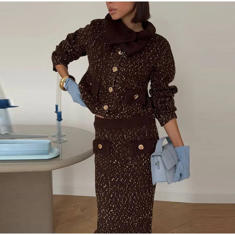 Fashion Knitted Long Skirts Sets Women Lapel Full Sleeve Single Breasted Sweater Hip Package Slim Skirt 2026 Spring Lady Outfits