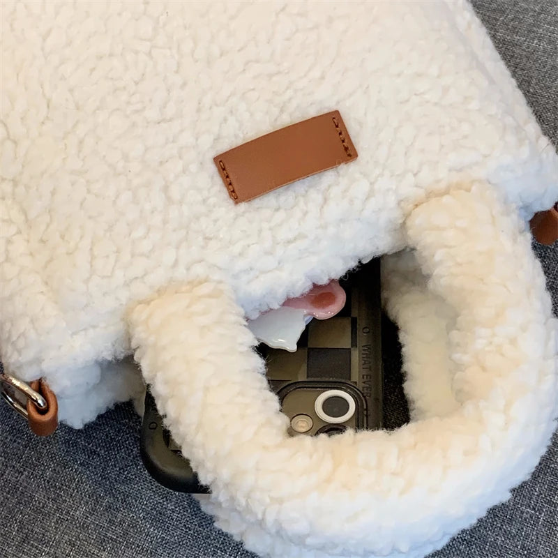Faux Lamb Wool Women's Small Bucket Bags Winter Fashion Ladies Plush Shoulder Crossbody Bag Soft Furry Purse Female Handbags