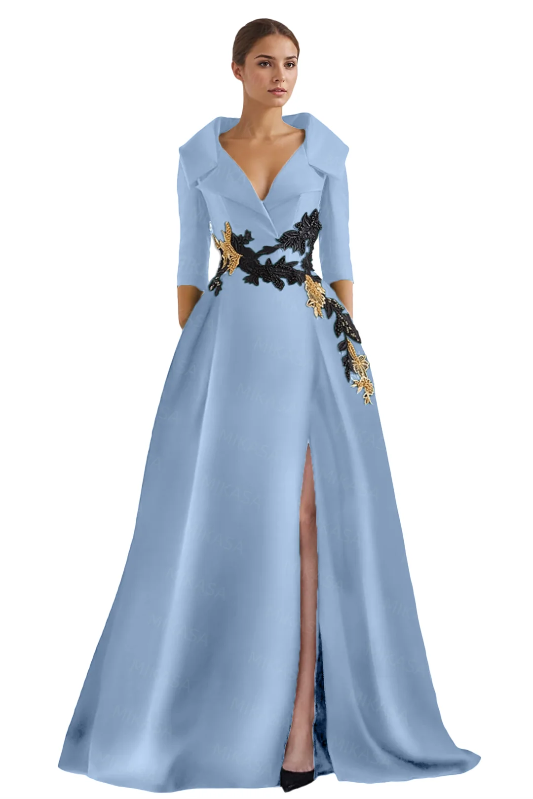 Classic Satin Evening Dresses For Women Wedding Party Guest V-neck Three Quarter A-line Side Slit Elegant Prom vestidos de gala