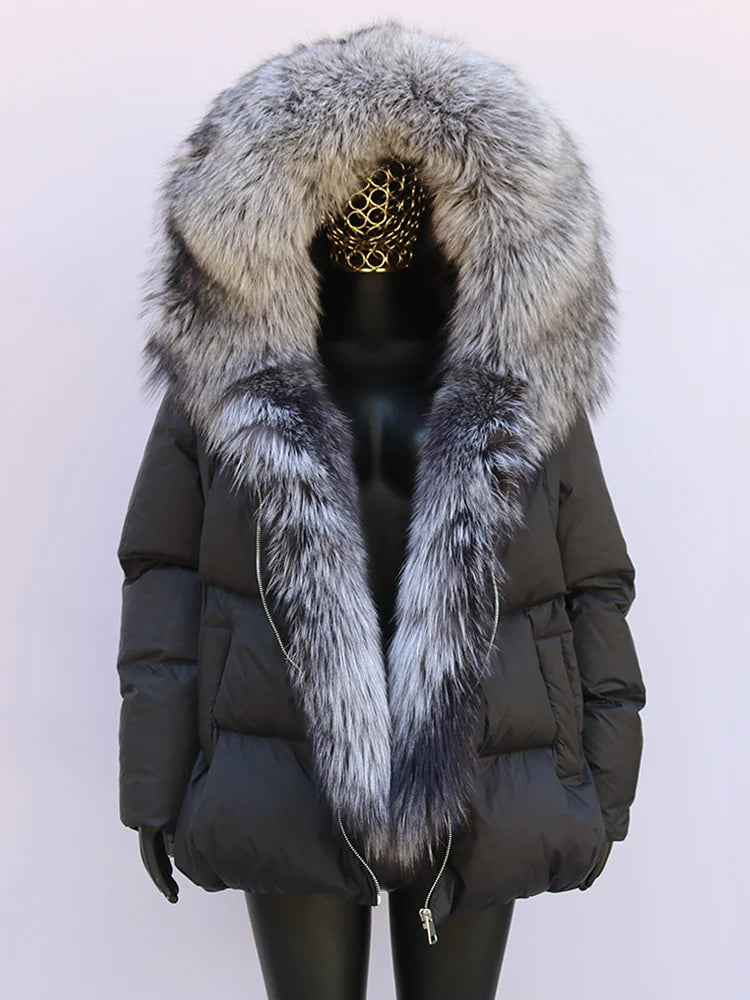New Fashion Outerwear Puffer Jacket 2024 Women Coat White Duck Down Jacket Super Large Real Silver Fox Fur Collar Hooded