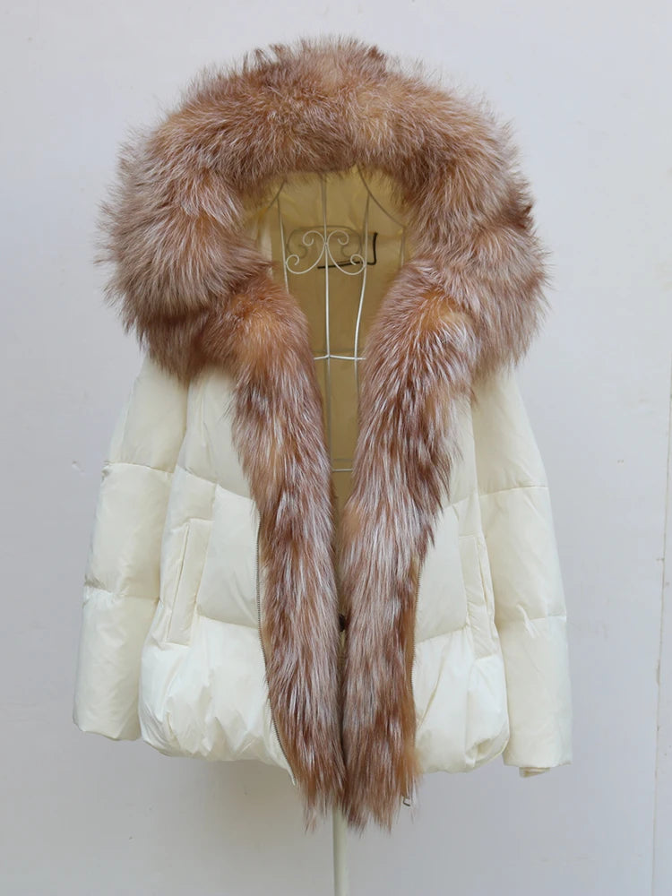 New Fashion Outerwear Puffer Jacket 2024 Women Coat White Duck Down Jacket Super Large Real Silver Fox Fur Collar Hooded