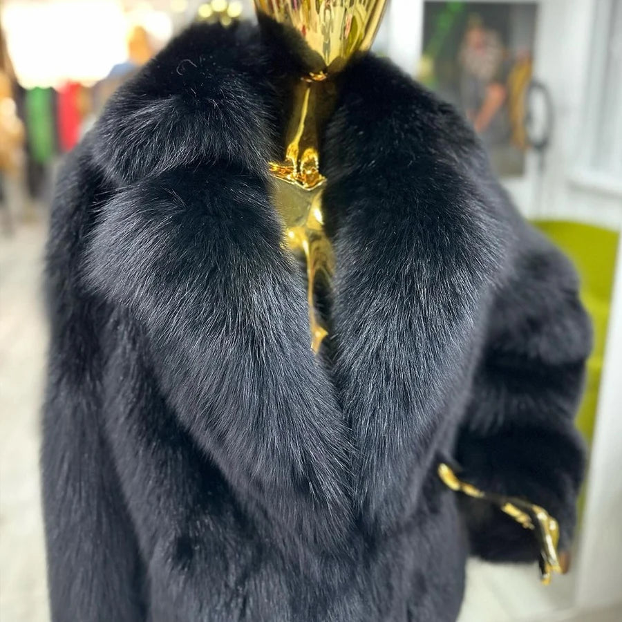New Fox Fur Jackets For Woman Natural Fox Fur Coat With Turndown Collar Black Fur Jacket For Women