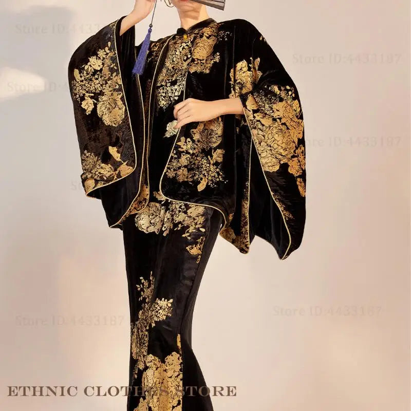 New Chinse Style Kimono Cardigan Cheongsam Autumn Winter Luxury Velvet Bronzing Qipao Hanfu Jacket Coat Elegant Haori Yukata Top