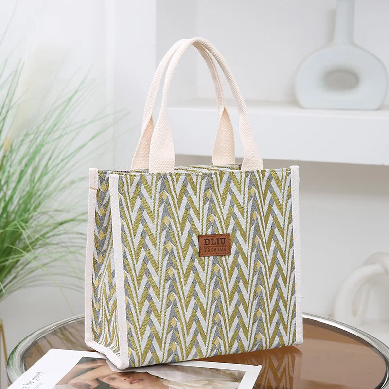 Chevron Pattern Canvas Tote Bag, Retro Letter Patch Decor Handbag, Women's Causal Shopper & Commuter Bag