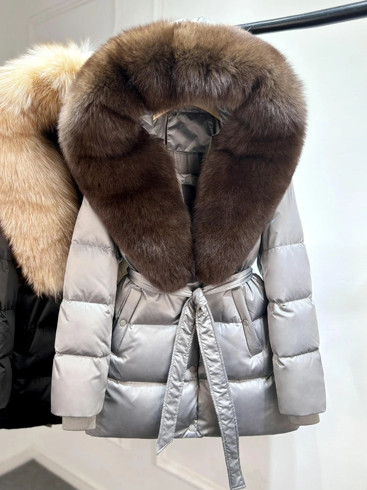 2025 New Natural Thick Warm 90% White Goose Down Coat Long Winter Jacket Women Real Big Fox Fur Collar Belt Loose Puffer Parka