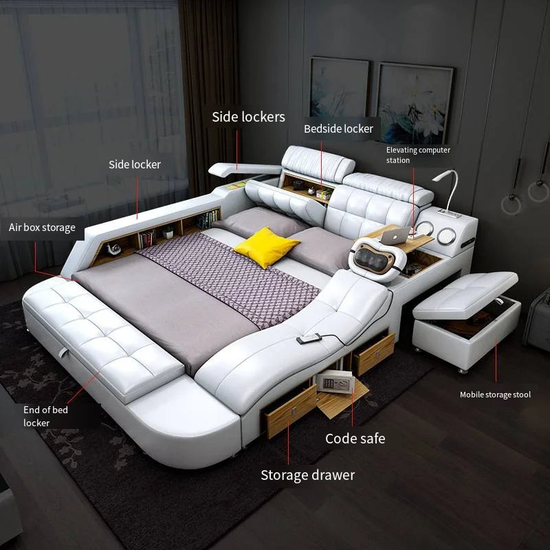 Leather Smart Bed King Size Sofa Multifunctional Queen Bed Bedroom Furniture Double Bed With Massager Lit 2 Places...