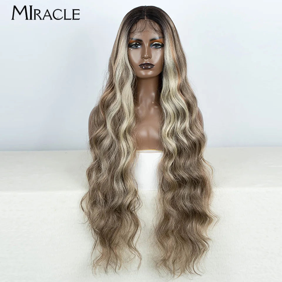 MIRACLE Synthetic 34 Inch Lace Front Wig for Women Ombre Blonde Loose Wave Wigs Famale Cosplay Wig Long Lace Wigs Wavy Fake Hair