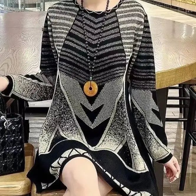 Vintage Loose Knitted Geometric Sweater Spring Autumn Long Sleeve O-Neck Plus Size Pullovers Tops Fashion Casual Women Clothing