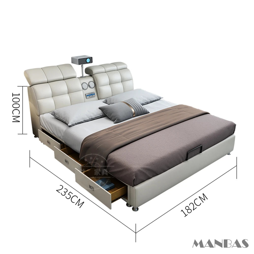 Linlamlim Ultimate Tech Smart Bed - Multifunctional Bedframe with Genuine Leather and Bluetooth Speaker, Drawers,...