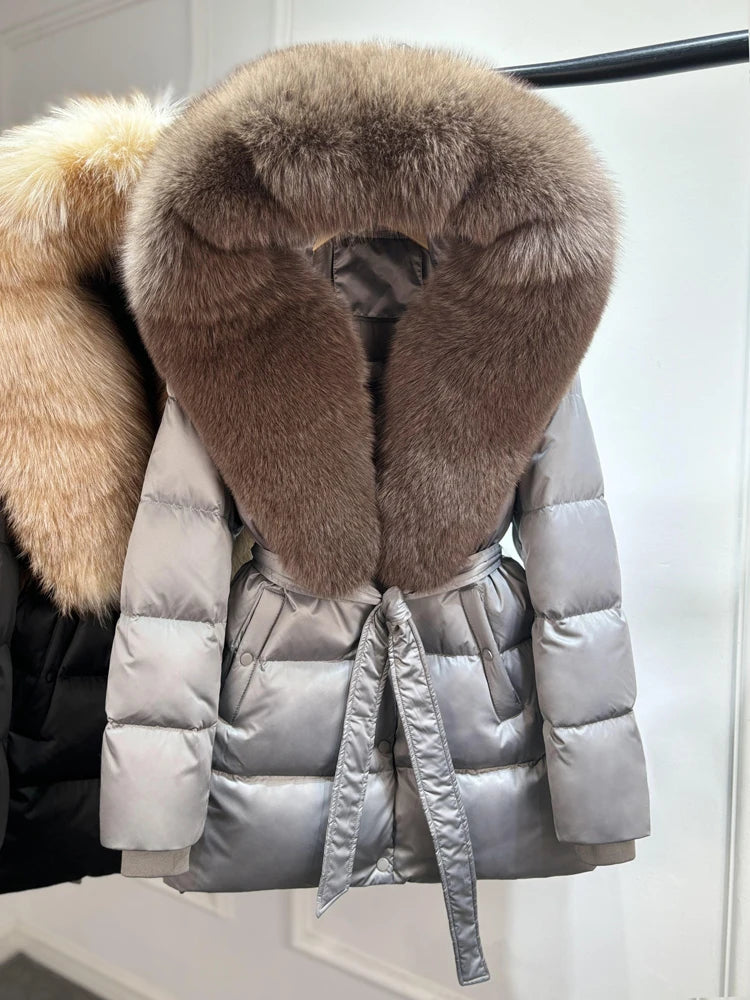 2025 New Natural Thick Warm 90% White Goose Down Coat Long Winter Jacket Women Real Big Fox Fur Collar Belt Loose Puffer Parka
