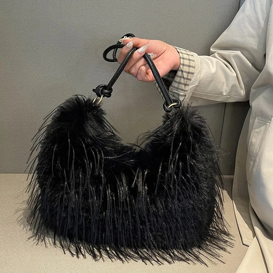 Trendy Large Capacity Plush Tote Bag Women's Crossbody Commuter Armpit Bag Street Style Fashion Soft Synthetic Leather Interior