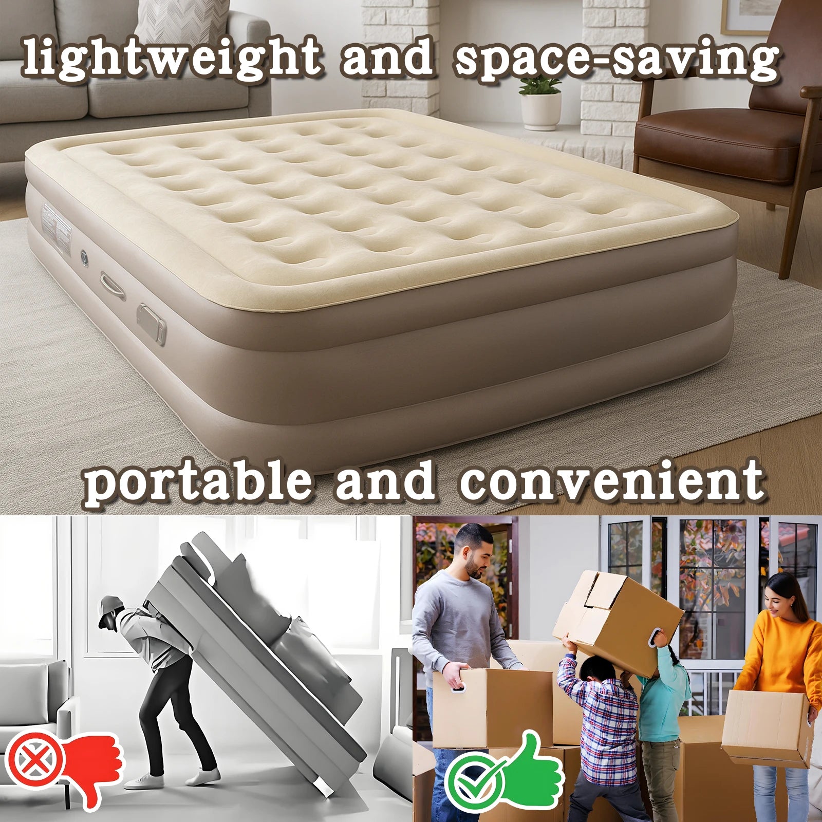 16i" Inflatable Queen Air Mattress with Built-in Pump, 200 * 150 * 40cm Portable Durable PVC Air Bed 150kg Max for Tent Camping - Kimlud