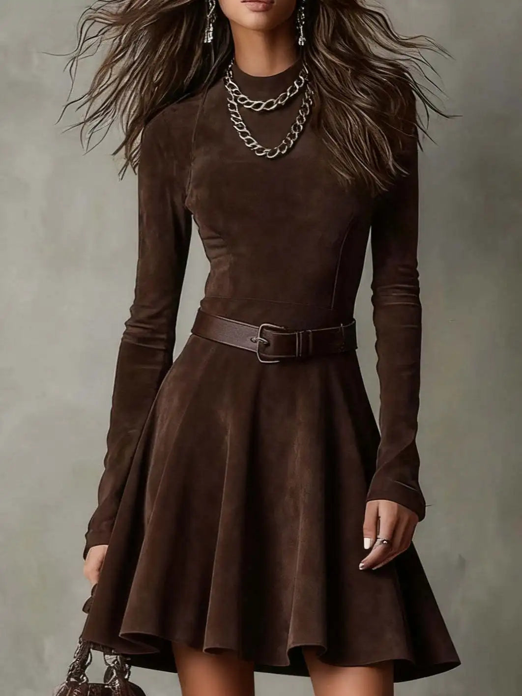 Casual O-neck Long Sleeve Suede Party Dress ElegantSpl it Solid Slim Long Dress Women Fashion With Belt Tie-Up Maxi Dress
