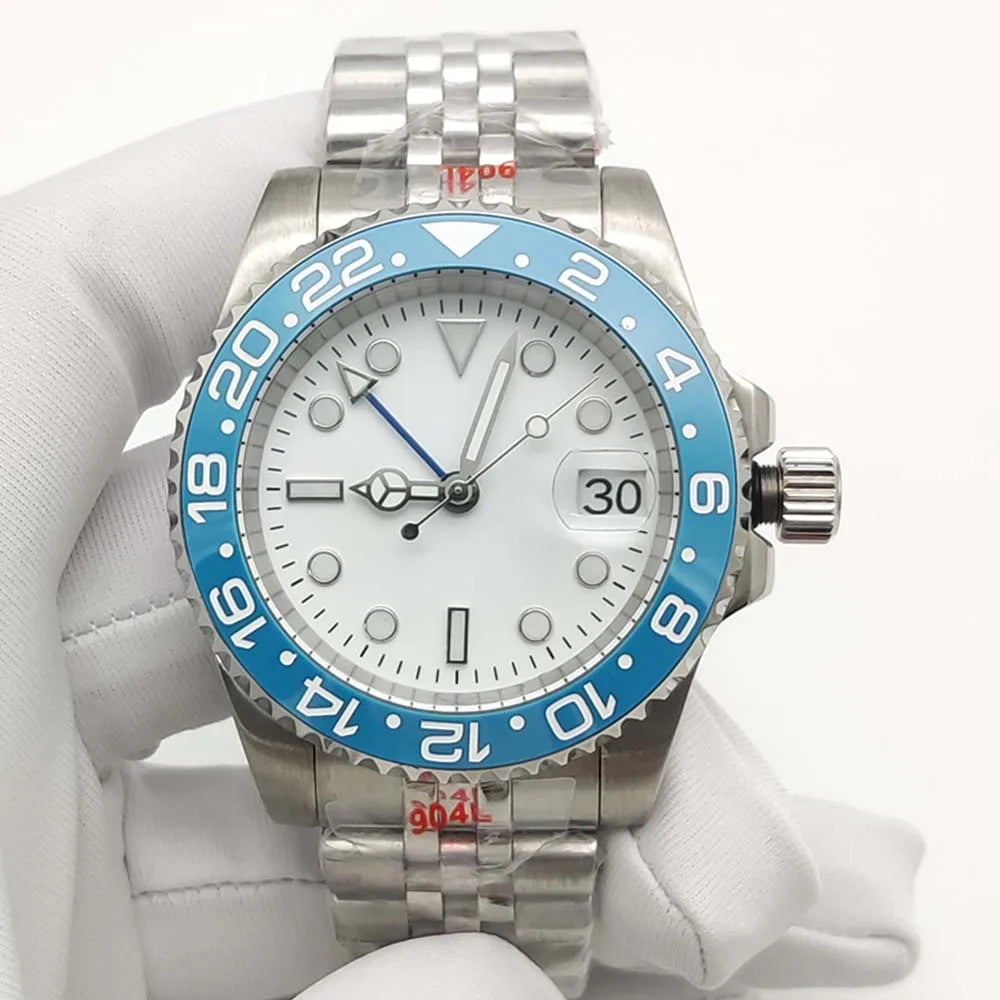 Men's New Elegant White GMT Watch, NH34 Movement, Sapphire Glass, Stainless Steel Waterproof Men's Mechanical Watch