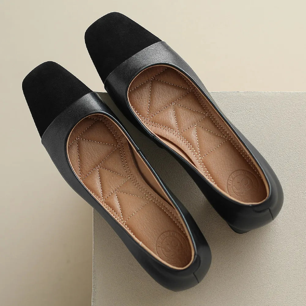 danxuefei plus size 34-42 women's genuine leather square toe slip-on pumps OL style elegant ladies 5cm thick low heel shoes sale - Kimlud