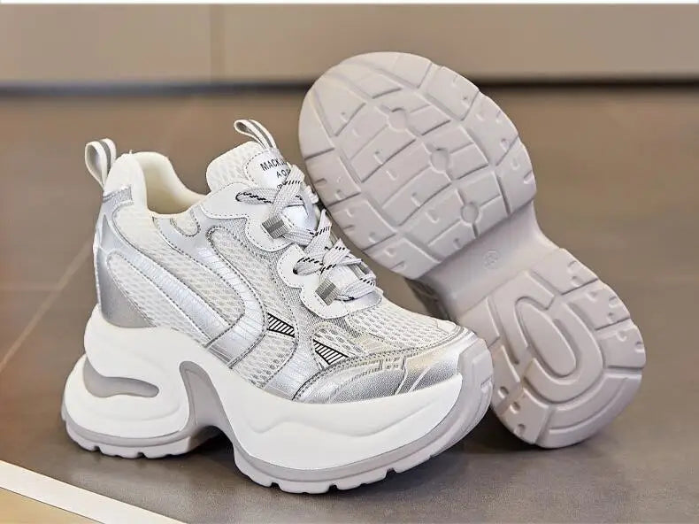 2025 12cm Synthetic Air Mesh Genuine Leather Vulcanize Chunky Sneakers Summer Autumn Leisure Spring Women Platform Wedge Pumps - Kimlud