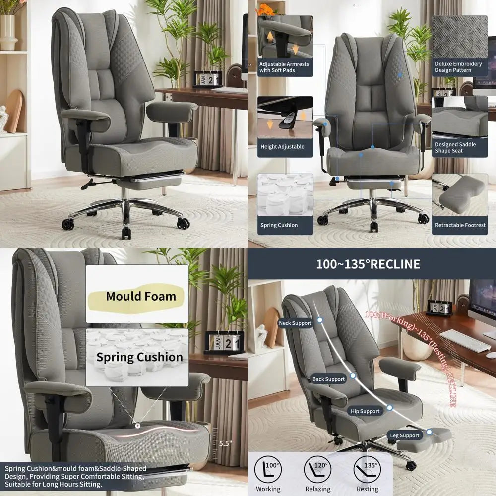 Luxury Leather High-Back Office Chair Supporting Up to 400lbs with Wide Seat and Footrest, Ergonomic Design for Lumbar Support - Kimlud