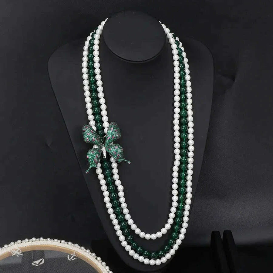 3rows freshwater pearl white near round 7-8mm &green jade round necklace 80cm