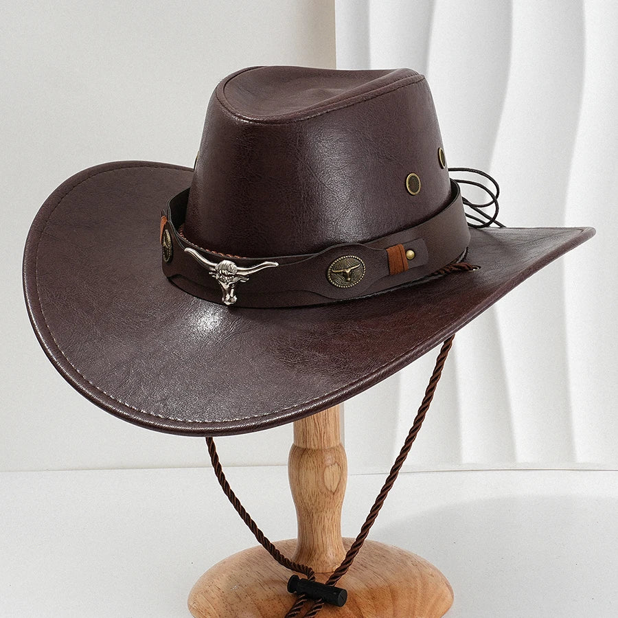 Unisex Vintage Faux Leather Western Cowboy Hat Outdoor Gentleman Cowgirl Jazz Cap Sombrero Hombre