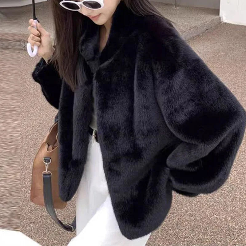 Luxury Mink Fur Loose Stand Collar Fur Coat Women Fashion Winter Outdoor Casual Office Lady All-match Cardigans Woolen Jackets