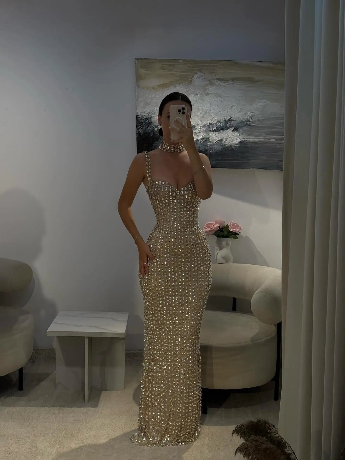 Hot Sale Glitter Spaghetti Straps Evening Dress With Full Crystal Slim Sweetheart Mermaid Dress Formal Prom Party Dress - Kimlud