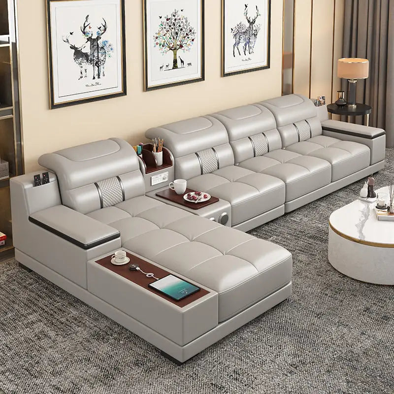 Stylish Italian Genuine Leather Sofa for Living Room with Cup Holder, USB, Adjustable Headrests & Bluetooth Speaker -...