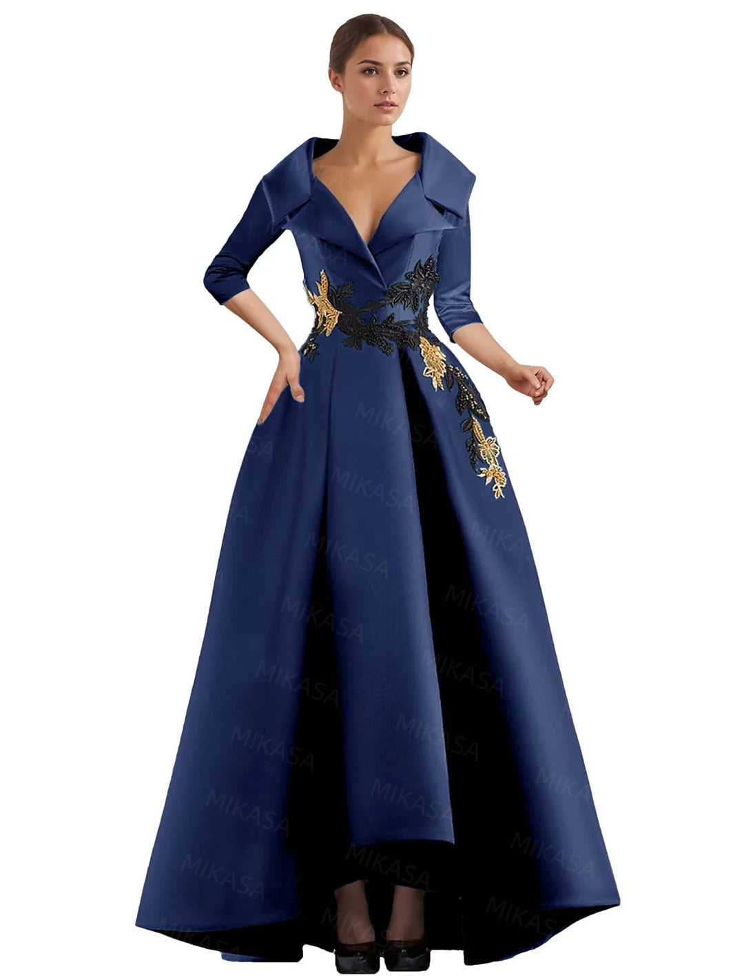 Elegant Vintage Evening Dresses Women V-neck Three Quarter Sleeves A-line Party Gowns With Appliques & Pockets Irregular Ruffles