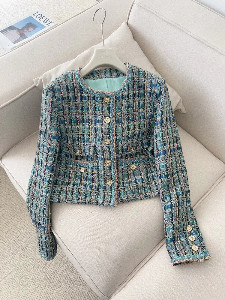 2025 New French Lady Blue Green Tweed round Neck Single Button Small Fragrance Style Jacket Vest Dress Set Casual Suit